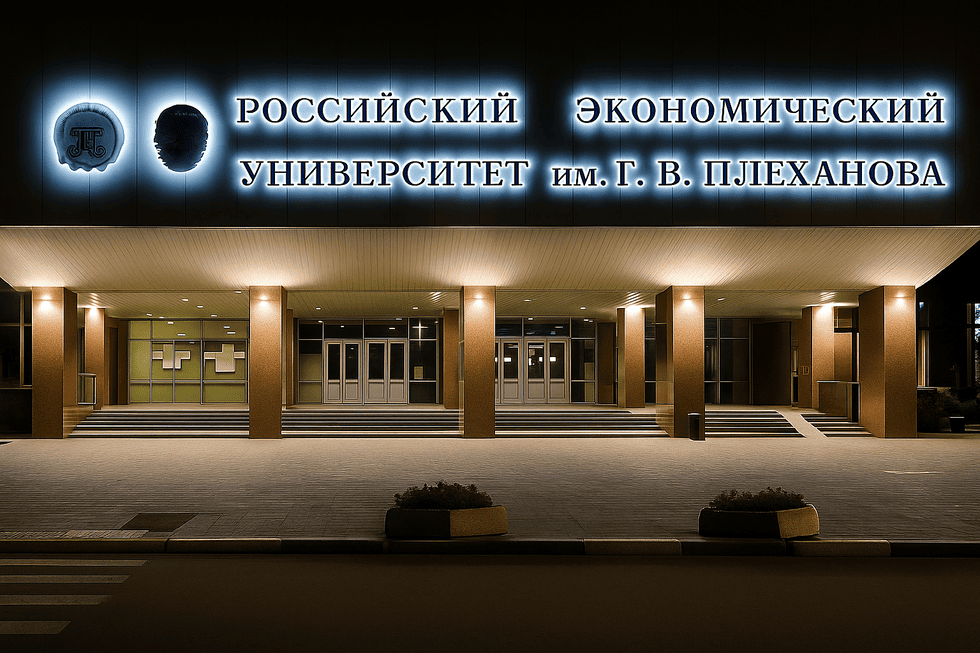 Вывеска из нержавеющей стали с контражурной подсветкой для РЭУ им. Плеханова